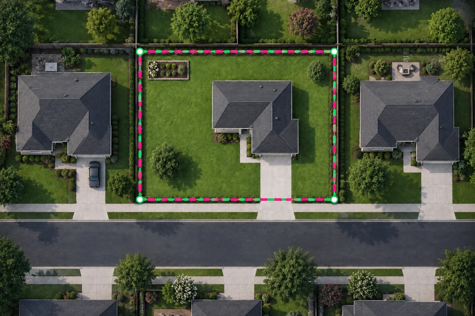Illustrated example: one green-and-pink striped outline around the whole yard, including the house inside it.