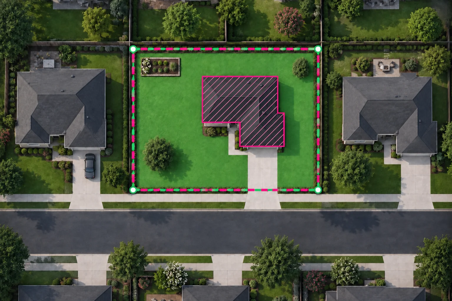 The same sample yard with a dimmed, diagonally hatched house to show that the building is excluded from lawn.