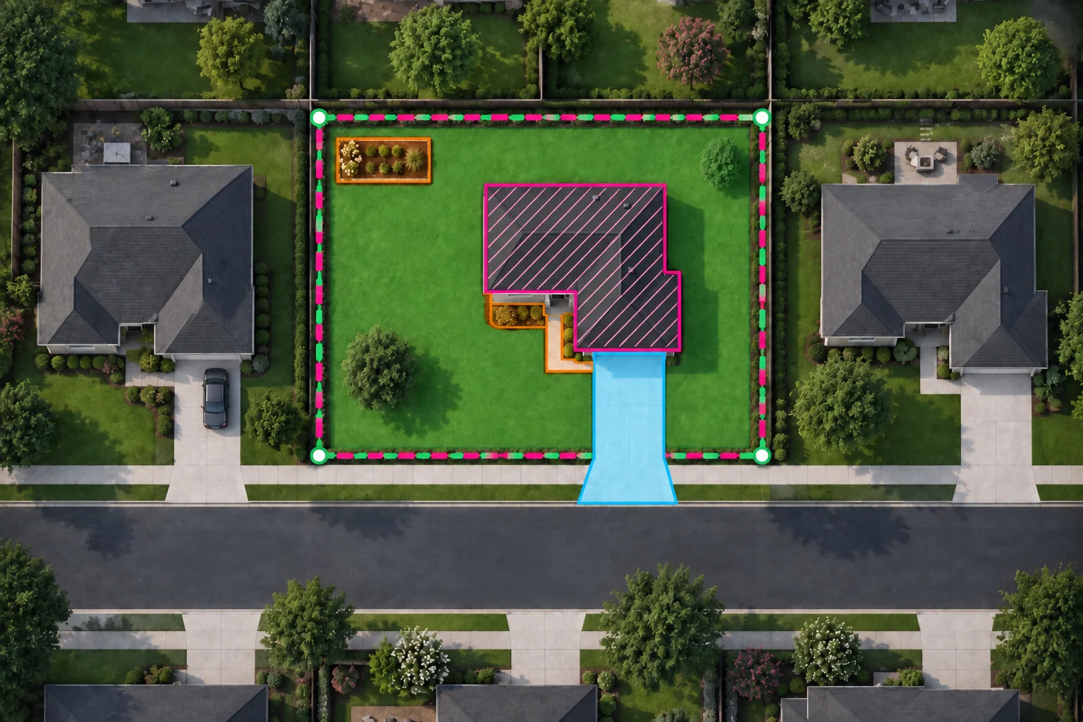 The same sample property with green lawn, blue driveway, orange non-grass exclusions, and a dimmed striped house.