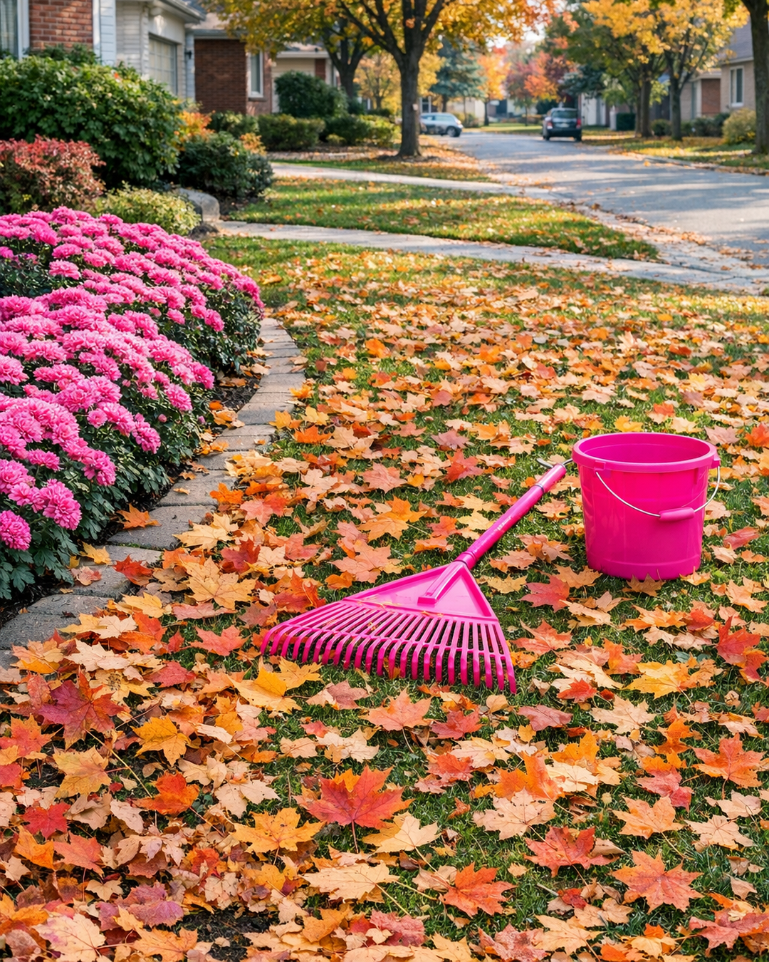 A residential lawn covered in fall leaves before a clean-up, Kitchener-Waterloo. Illustration.