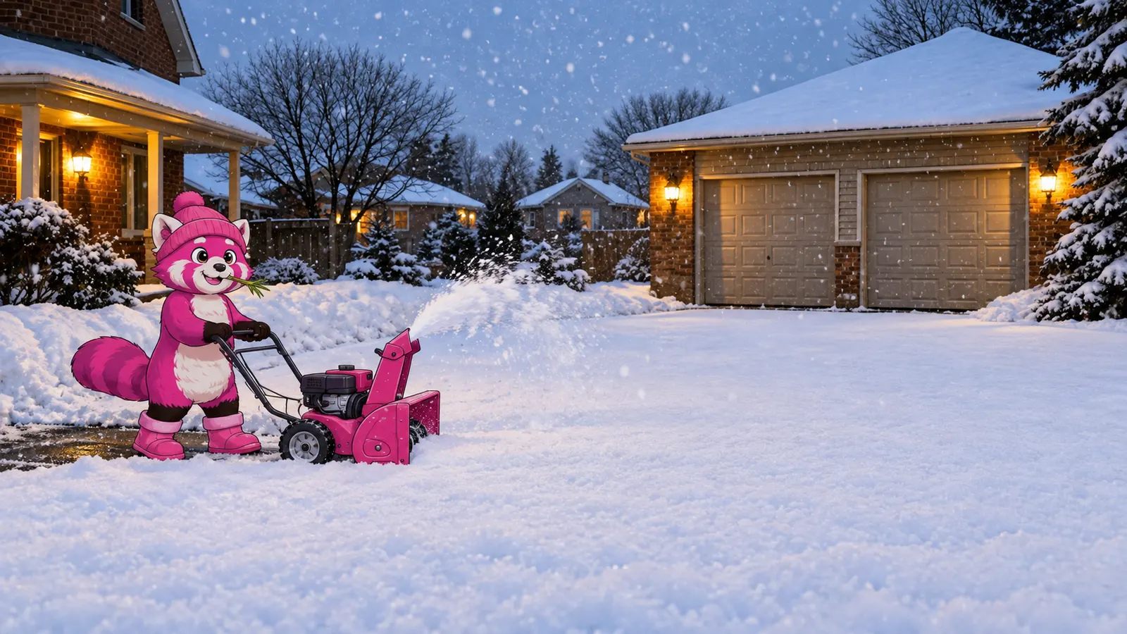 KW's pink panda clearing a snow-covered driveway. Animated service illustration.