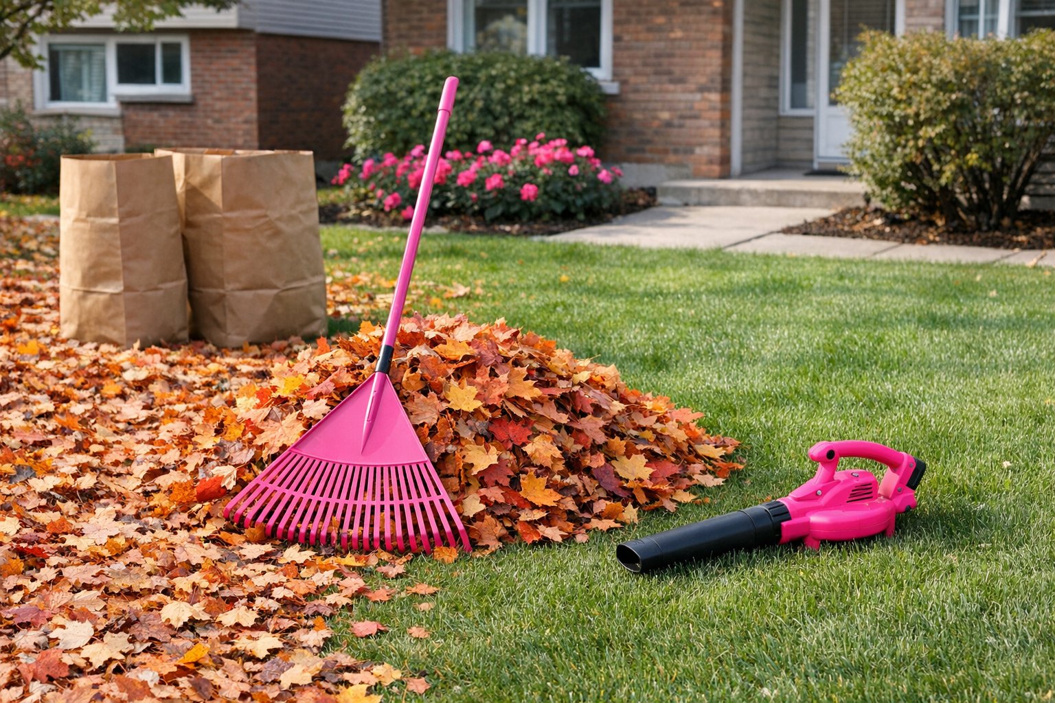 Fall leaf clean up and bagging, Kitchener-Waterloo. Illustration.
