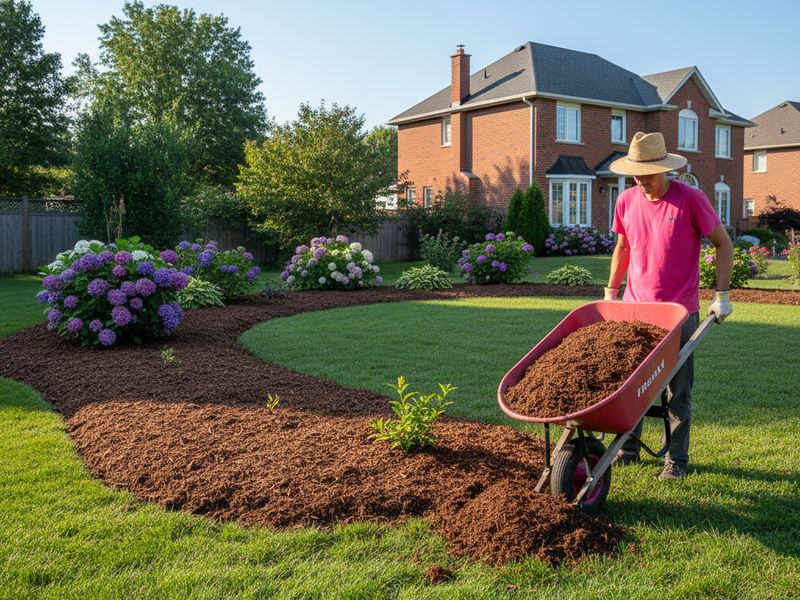 Spreading fresh mulch in a garden bed in Kitchener-Waterloo.