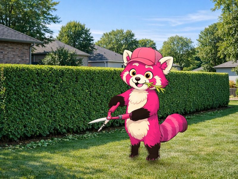 Our mascot trimming a tidy hedge beside a Kitchener-Waterloo lawn.