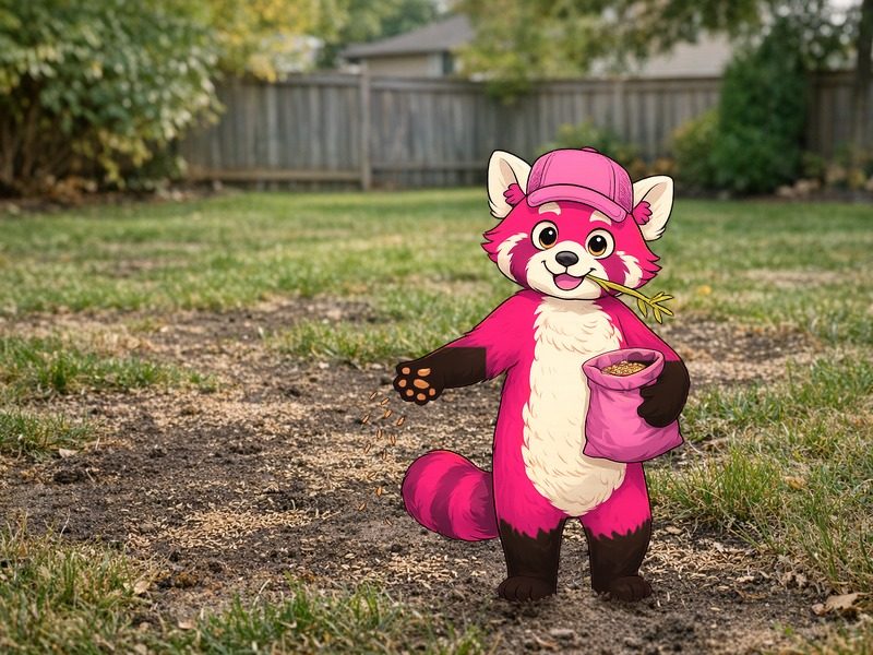 Our mascot spreading grass seed over bare patches in a backyard lawn.